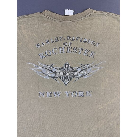 Rare Vintage Y2K Harley Davidson Rochester New York Thrashed Faded Olive Green T - Picture 3 of 13